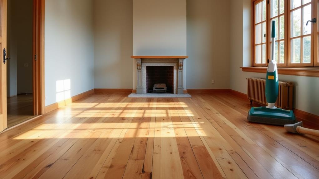 A room with hardwood floors being installed, with a hammer and a floor sander visible.