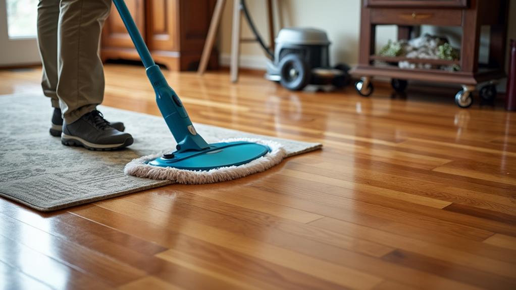 A person using a spin mop to clean a hardwood floor.